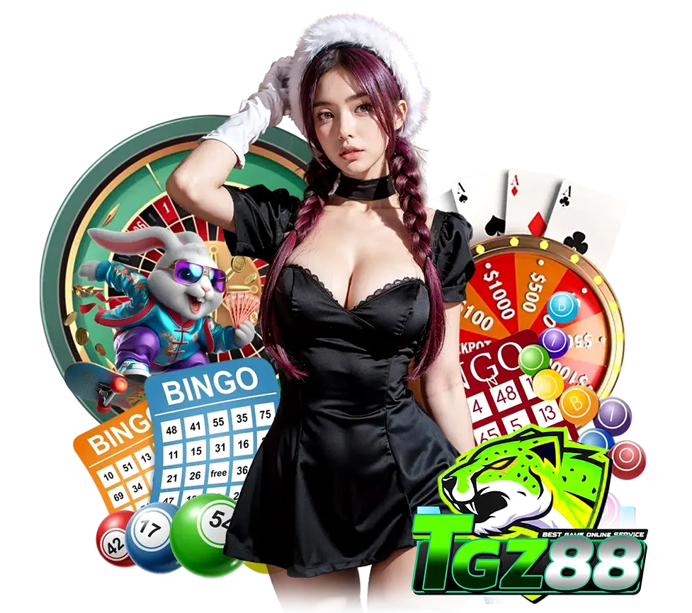 TGZ88 เกมบิงโก รูเล็ต ไพ่ และตัวละครนางแบบชุดดำ พร้อมไอคอนกระต่ายการ์ตูนแนวคาสิโน