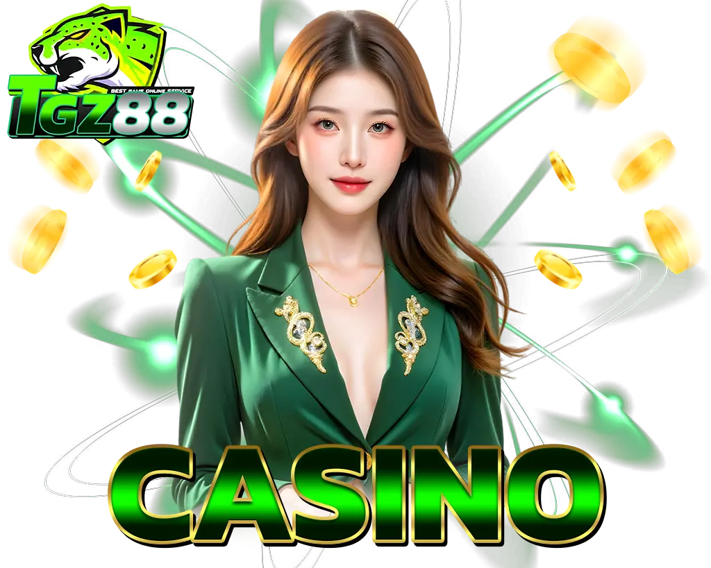 คาสิโน TGZ88 นางแบบชุดเขียวกับเหรียญทองลอยฉากดำแนวโปรโมทเว็บพนัน