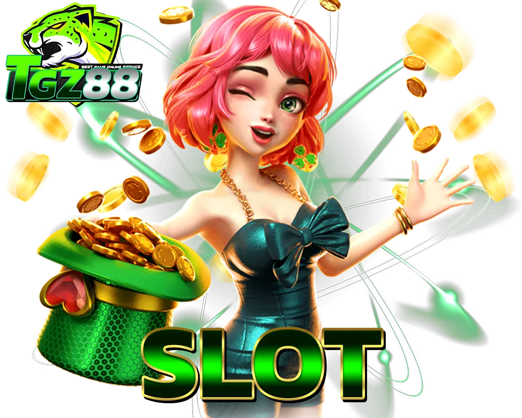 สล็อต TGZ88 ตัวละครหญิงผมชมพูถือหมวกเหรียญทอง ฉากเอฟเฟกต์สีเขียวแนวโปรโมทเกมสล็อต