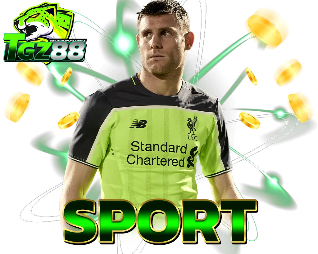 กีฬา TGZ88 นักฟุตบอลชายในชุดแข่ง ฉากเอฟเฟกต์สีเขียวพร้อมเหรียญทองแนวโปรโมทเว็บกีฬา